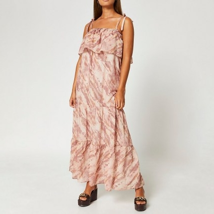 River Island Beige tie dye print bardot maxi dress | womens tie strap summer dresses | women’s holiday fashion | tiered | floaty