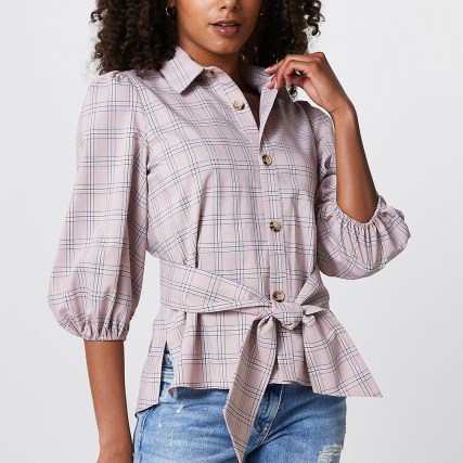 RIVER ISLAND Beige waisted belted shirt / womens checked tie waist shirts / women’s casual check print tops - flipped