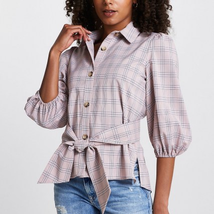RIVER ISLAND Beige waisted belted shirt / womens checked tie waist shirts / women’s casual check print tops