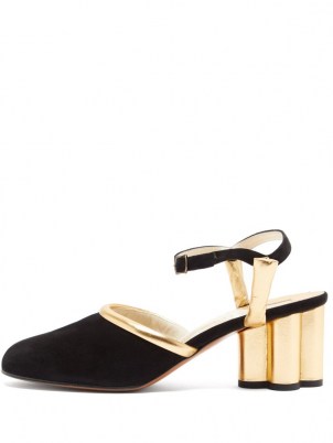 SALVATORE FERRAGAMO Altana cylinder-heel leather and suede pumps / shiny gold block heels - flipped