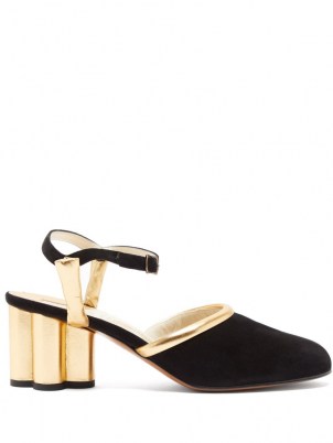 SALVATORE FERRAGAMO Altana cylinder-heel leather and suede pumps / shiny gold block heels