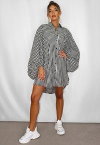 MISSGUIDED black check puffball sleeve oversized shirt dress / casual checked balloon sleeve dresses