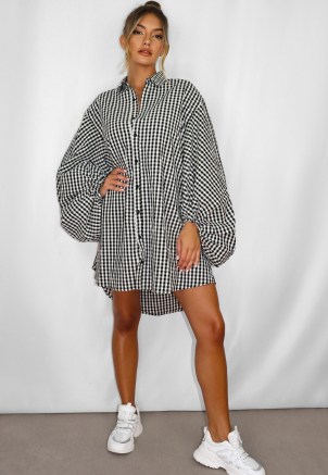 MISSGUIDED black check puffball sleeve oversized shirt dress / casual checked balloon sleeve dresses - flipped