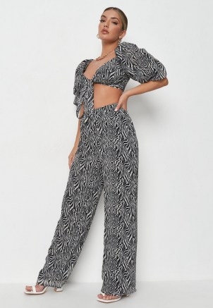 MISSGUIDED black co ord zebra print tie front milkmaid bralet / crop top and trouser summer co ords / animal print fashion sets - flipped