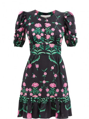 LA DOUBLEJ Coquette Rosa-print sablé mini dress in black / floral puff sleeve ruffle hem dresses