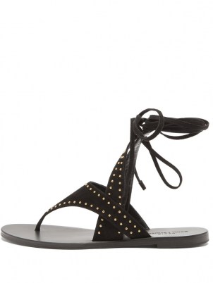 SAINT LAURENT Gia studded wraparound suede sandals ~ womens black stud embellished sandal ~ women’s anke wrap summer flats ~ strappy thong strap flat shoes - flipped