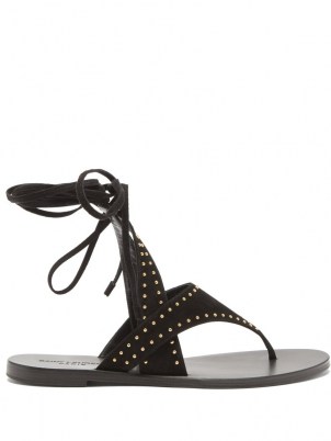 SAINT LAURENT Gia studded wraparound suede sandals ~ womens black stud embellished sandal ~ women’s anke wrap summer flats ~ strappy thong strap flat shoes