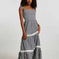 RIVER ISLAND Black lace trim gingham maxi dress / check print summer dresses with shirred bodice