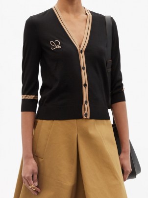OEWE Logo-embroidered wool cardigan ~ women’s black front button V-neck cardigans ~ womens crop hem cardi ~ designer knitwear - flipped