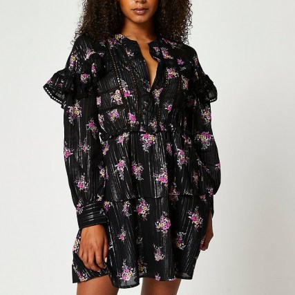 RIVER ISLAND Black long sleeve floral frill dress / tiered ruffle detail dresses - flipped