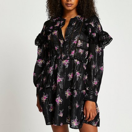 RIVER ISLAND Black long sleeve floral frill dress / tiered ruffle detail dresses