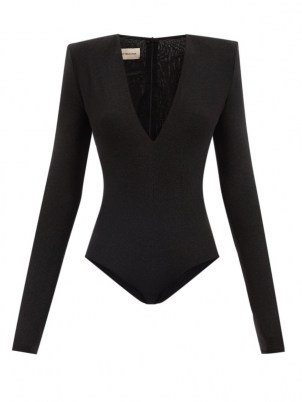 ALEXANDRE VAUTHIER Black padded-shoulder plunge front metallic jersey bodysuit ~ plunging neckline bodysuits - flipped