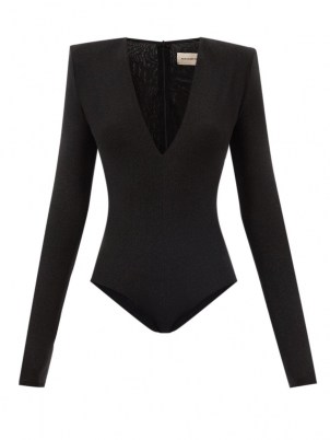 ALEXANDRE VAUTHIER Black padded-shoulder plunge front metallic jersey bodysuit ~ plunging neckline bodysuits