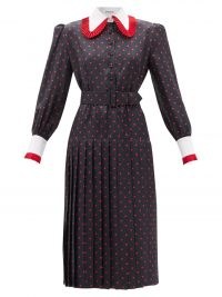 RODARTE Pleated-collar polka-dot silk dress / women’s spot print vintage inspired dresses / retro fashion