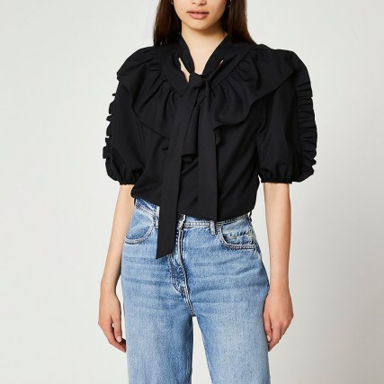 River Island Black puff sleeve pussybow shirt | frill trim blouses - flipped