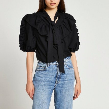 River Island Black puff sleeve pussybow shirt | frill trim blouses
