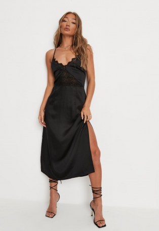 MISSGUIDED black satin lace trim midaxi dress ~ lingerie style occasion wear ~ evening slip dresses ~ strappy going out fashion ~ cami strap party clothing - flipped
