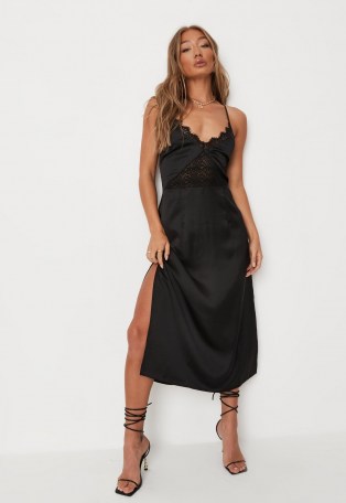 MISSGUIDED black satin lace trim midaxi dress ~ lingerie style occasion wear ~ evening slip dresses ~ strappy going out fashion ~ cami strap party clothing