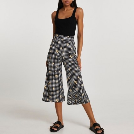 RIVER ISLAND Black shirred waist gingham culotte trousers / check and floral culottes - flipped