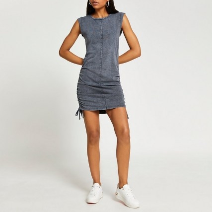 River Island Black sleeveless side ruched denim dress | women’s on trend fashion | womens gathered detail dresses | casual fashion - flipped