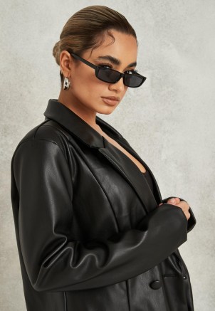 MISSGUIDED black soft faux leather oversized blazer ~ women’s on trend double breasted blazers - flipped