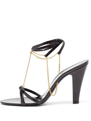 SAINT LAURENT Sue chain-embellished black leather sandals – ankle strap high heels with gold chains - flipped