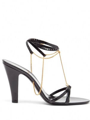 SAINT LAURENT Sue chain-embellished black leather sandals – ankle strap high heels with gold chains