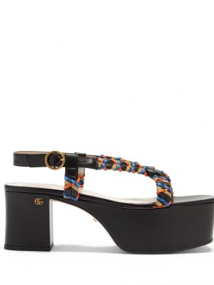 GUCCI Woven-ribbon leather platform sandals / black strappy weave detail platforms / womens retro summer shoes / women’s vintage style footwear