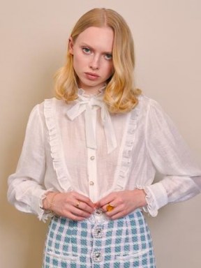 sister jane Social Tennis Bib Blouse – frill trim high neck blouses – womens romantic vintage style fashion - flipped