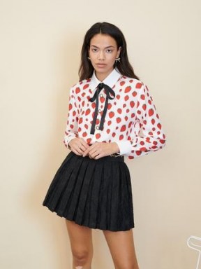 sister jane Strawberry Court Bow Shirt White and Red / women’s fruit print shirts - flipped