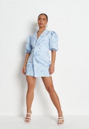 MISSGUIDED blue brocade puff sleeve blazer dress ~ womens floral textured jacket style evening dresses ~ glamorous party fashion ~ women’s on trend going out clothing - flipped