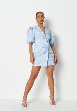 MISSGUIDED blue brocade puff sleeve blazer dress ~ womens floral textured jacket style evening dresses ~ glamorous party fashion ~ women’s on trend going out clothing