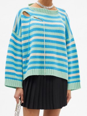 CHARLES JEFFREY LOVERBOY Distressed striped wool-blend sweater ~ slouchy blue striped sweaters ~ womens ripped drop shoulder jumpers - flipped