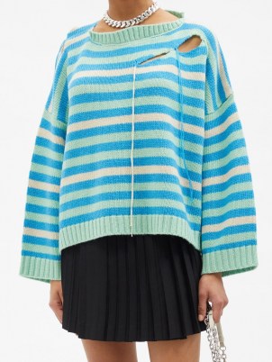 CHARLES JEFFREY LOVERBOY Distressed striped wool-blend sweater ~ slouchy blue striped sweaters ~ womens ripped drop shoulder jumpers