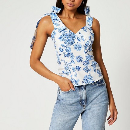 RIVER ISLAND Blue floral bow strap cami top / side ruched tops - flipped