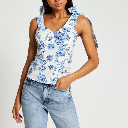 RIVER ISLAND Blue floral bow strap cami top / side ruched tops