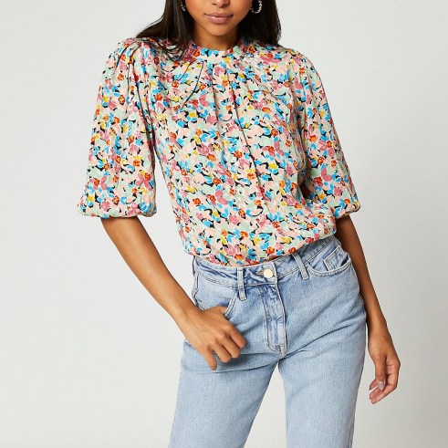 RIVER ISLAND Blue floral puff sleeve blouse top / womens pleated high neck tops - flipped