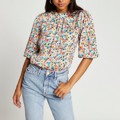 RIVER ISLAND Blue floral puff sleeve blouse top / womens pleated high neck tops