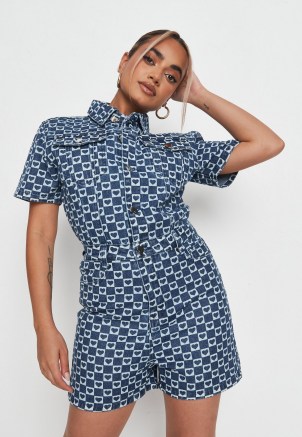 Missguided blue heart print denim playsuit | womens short sleeve utility style playsuits - flipped