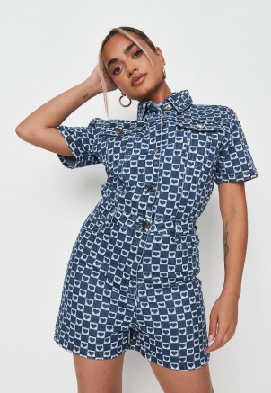 Missguided blue heart print denim playsuit | womens short sleeve utility style playsuits
