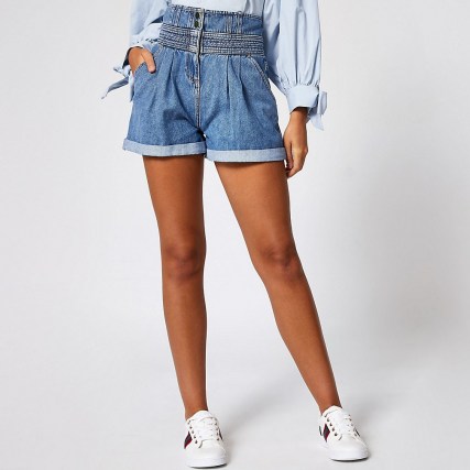River Island Blue high rise paperbag denim shorts | womens retro denim | casual summer fashion | vintage style high waist short - flipped