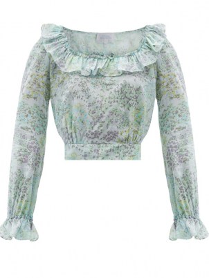 LUISA BECCARIA Gathered floral-print cotton-voile crop top / romantic pale blue ruffle trim tops - flipped
