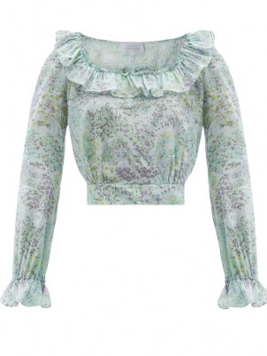 LUISA BECCARIA Gathered floral-print cotton-voile crop top / romantic pale blue ruffle trim tops