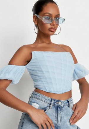 Missguided blue puff short sleeve bust point corset top | strapless fitted bodice crop tops - flipped