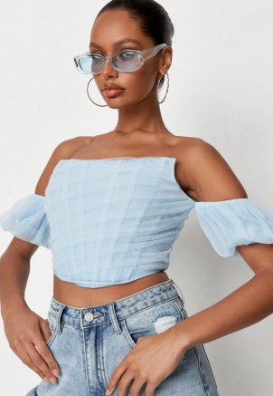 Missguided blue puff short sleeve bust point corset top | strapless fitted bodice crop tops