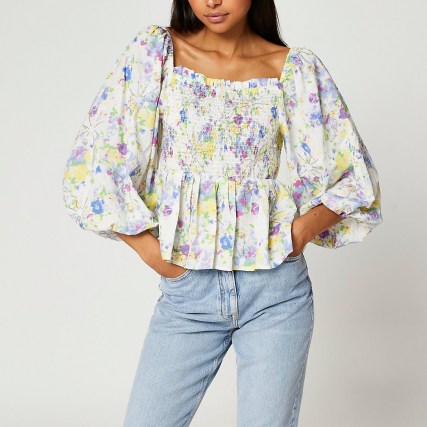 RIVER ISLAND Blue puff sleeve shirred picnic peplum top / romantic square neck balloon sleeve floral tops - flipped