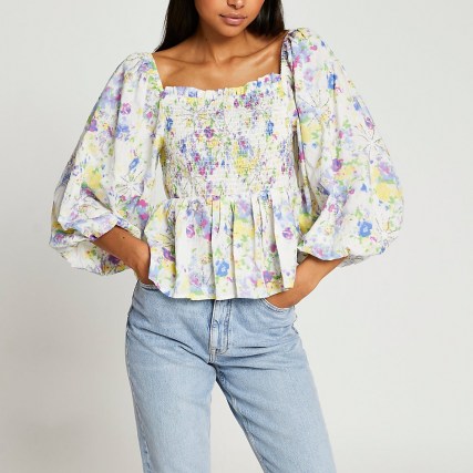 RIVER ISLAND Blue puff sleeve shirred picnic peplum top / romantic square neck balloon sleeve floral tops