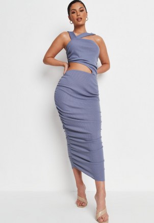 Missguided blue rib asymmetric strap ruched cut out midaxi dress | glamorous going out dresses | party glamour - flipped