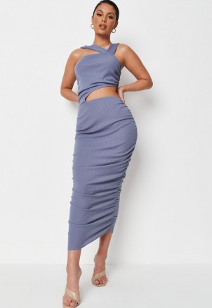 Missguided blue rib asymmetric strap ruched cut out midaxi dress | glamorous going out dresses | party glamour
