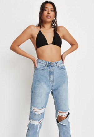 Missguided blue riot fold ripped mom jeans | women’s destroyed denim | high waist - flipped